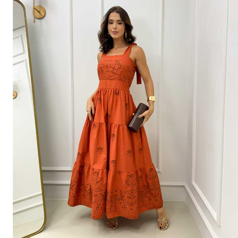 Vestido Maxi Midi, Alça Regulavel,Tricoline Estam