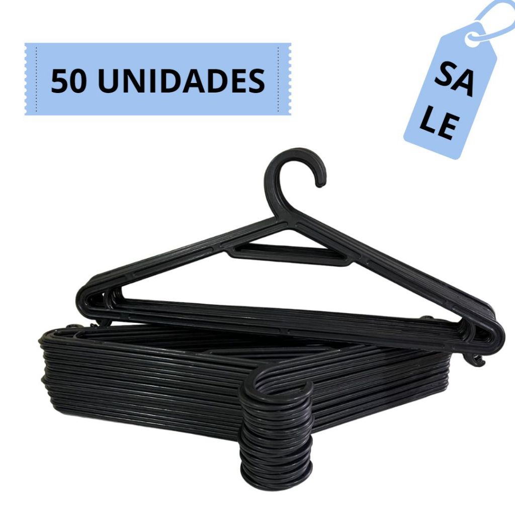 Kit 50 Cabides Organizador de Roupas Adulto Preto 