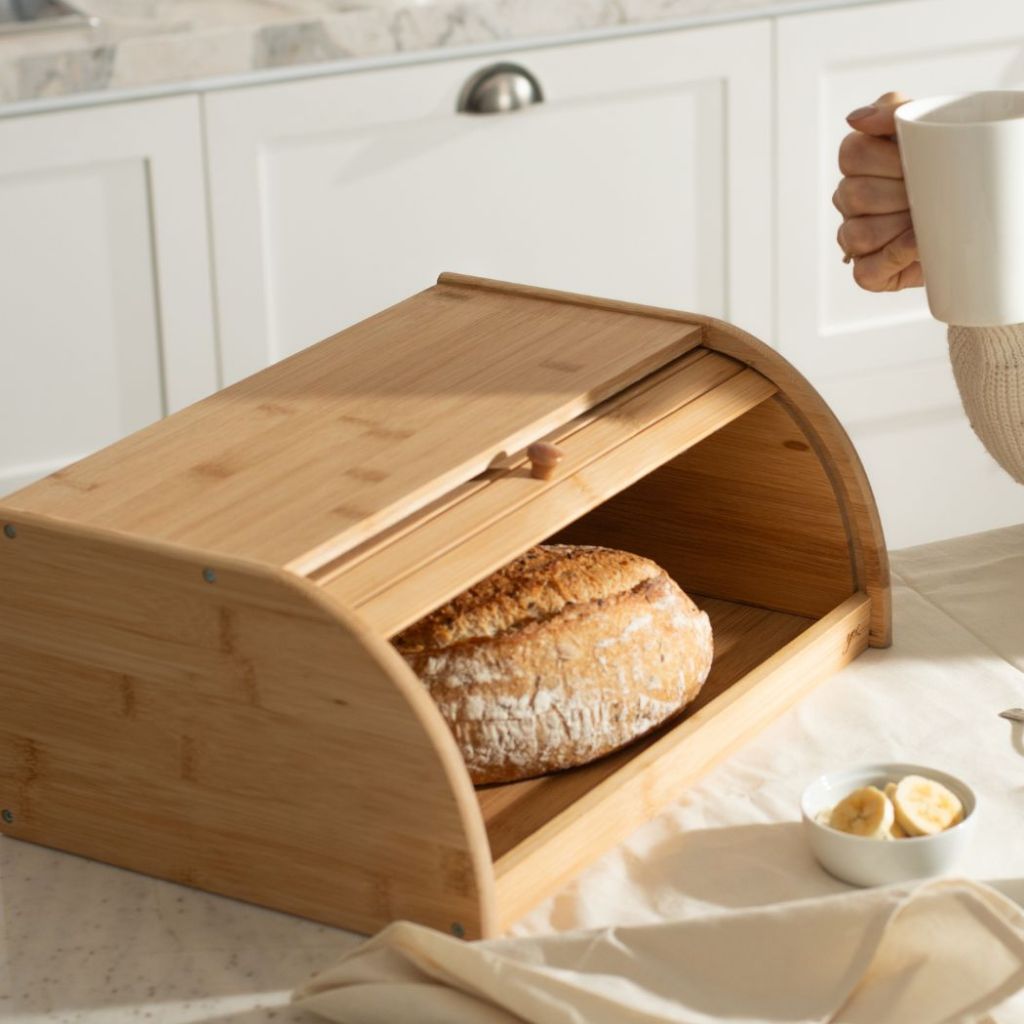 Porta Pão de Bambu Cesto com Tampa Basculante Org