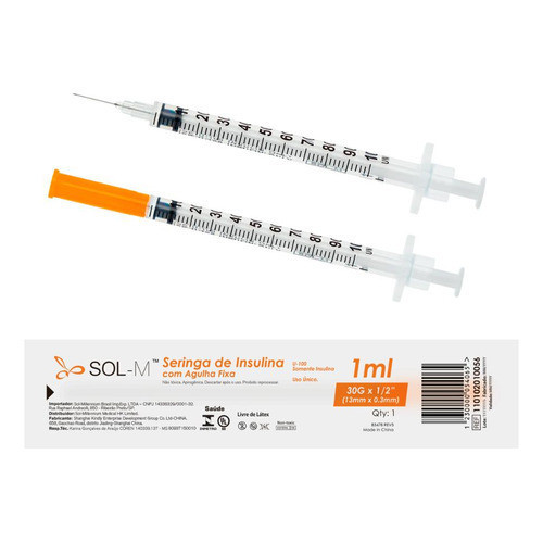 Seringa De Insulina 1,0ml Agulha Fixa 0,30mm X 13 