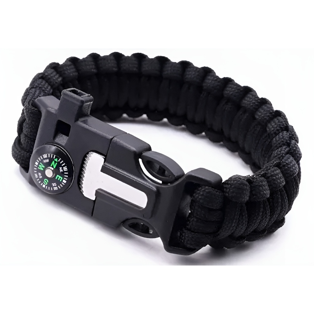 Pulseira Paracord Preta Bússula Faca Apito Pedern