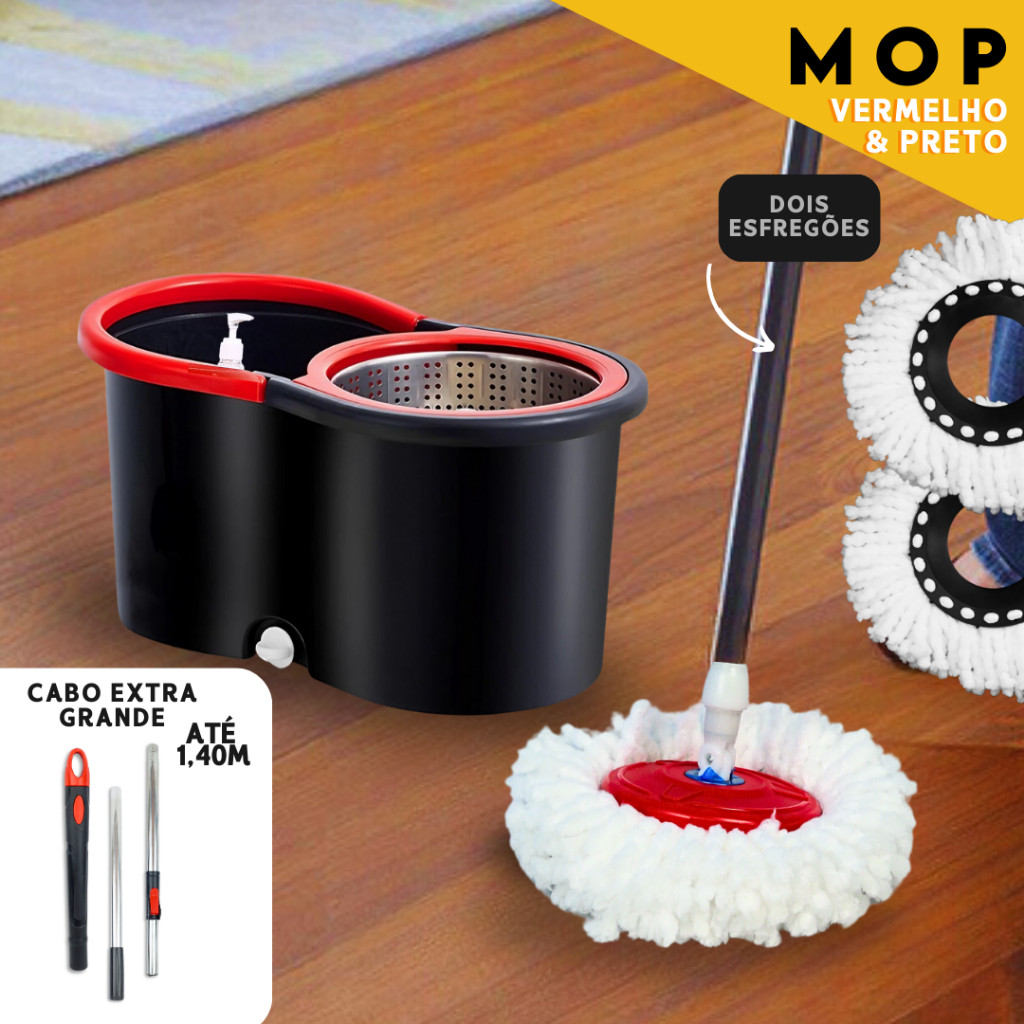 Mop Com cabo de 140 cm + 2 Refis  Rodinhas e Cesto