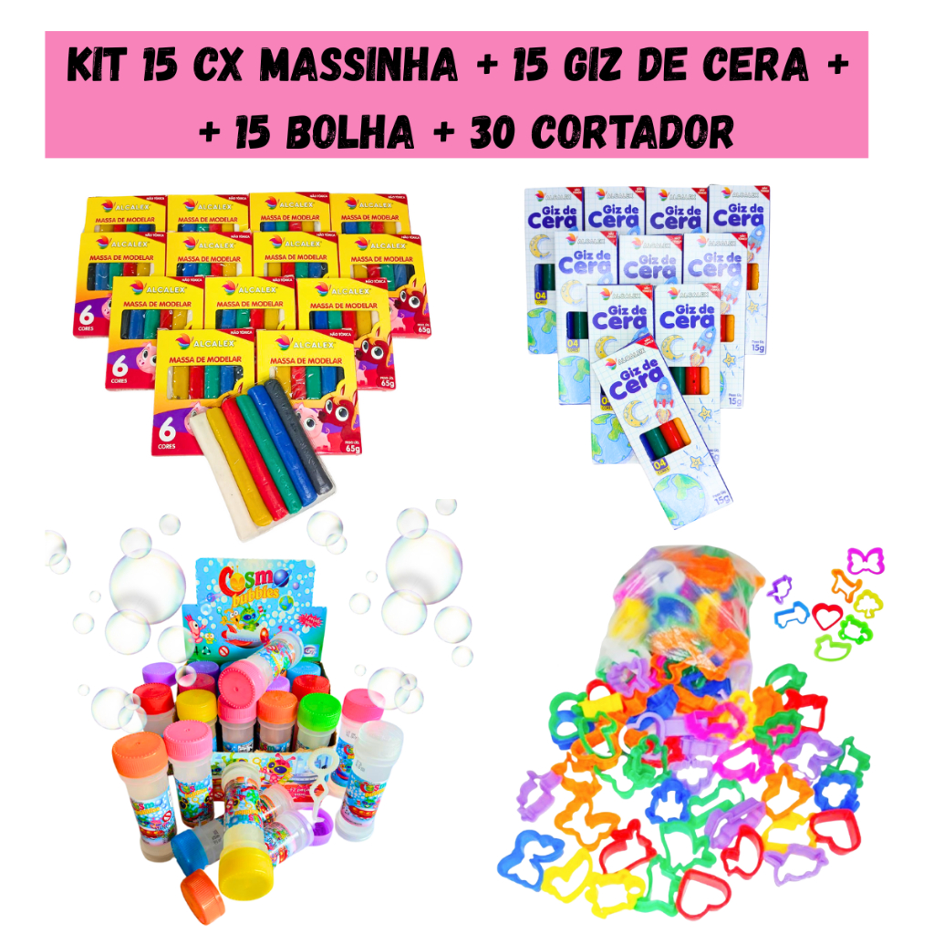 Kit 15 Massinha de Modelar + 15 Mini Giz de Cera +