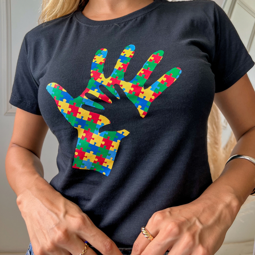 Blusa Tshirt Autismo Feminina Preta Algodão Camis