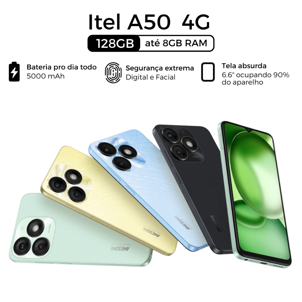 Celular Itel A50 Tela 6.6 HD  3GB RAM 64GB/128GB R