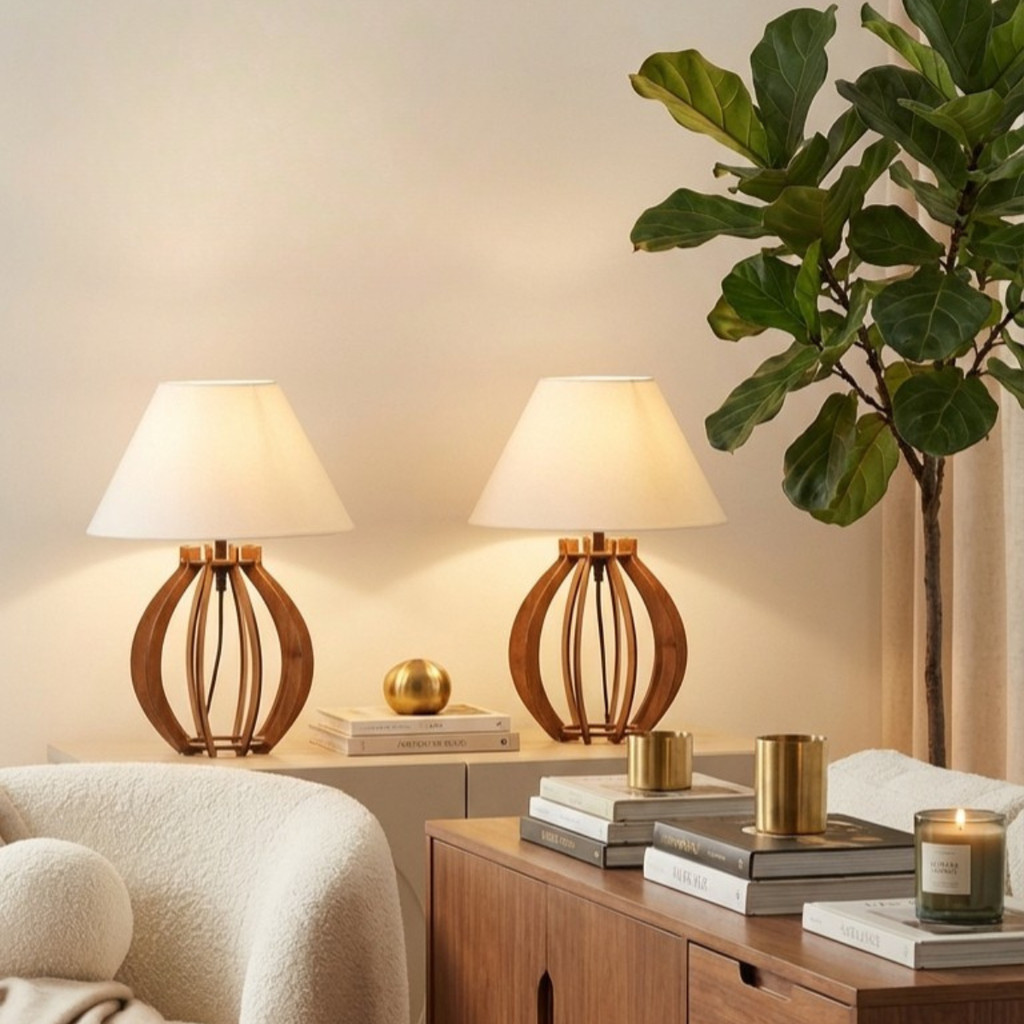 Abajur De Mesa Bolinha Marrom Madeira Quarto Sala 