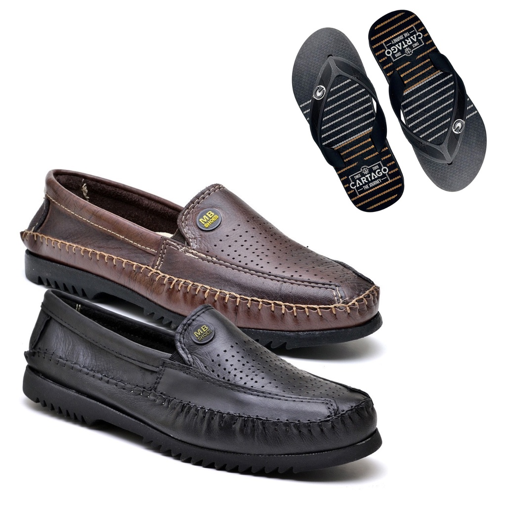 Kit 2 Mocassim Couro Masculino + Chinelo