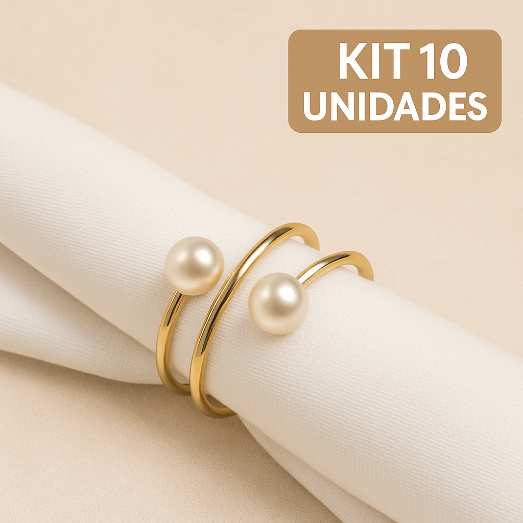 Kit 10 Anel Porta Guardanapos Dourado com Pérola 