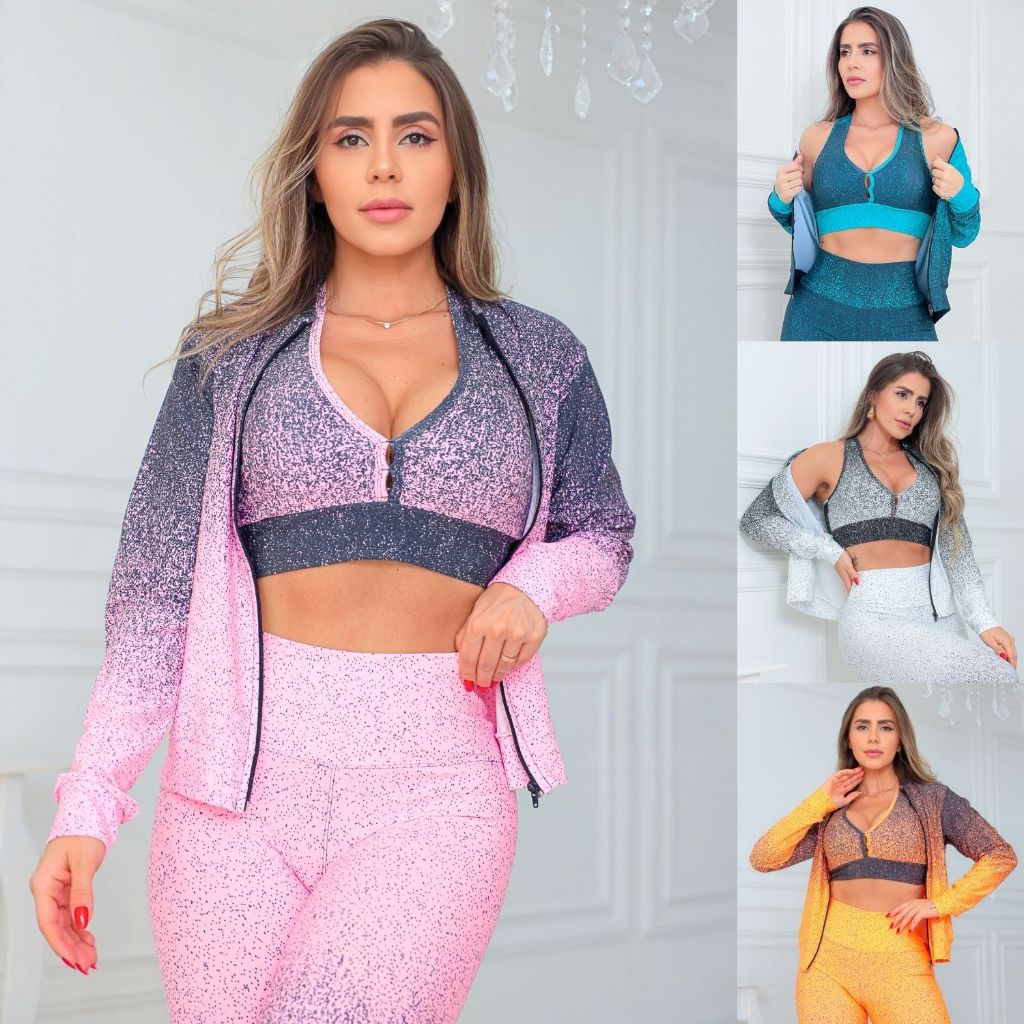 Conjunto Trio Fitness Feminino em Degradê com Cas