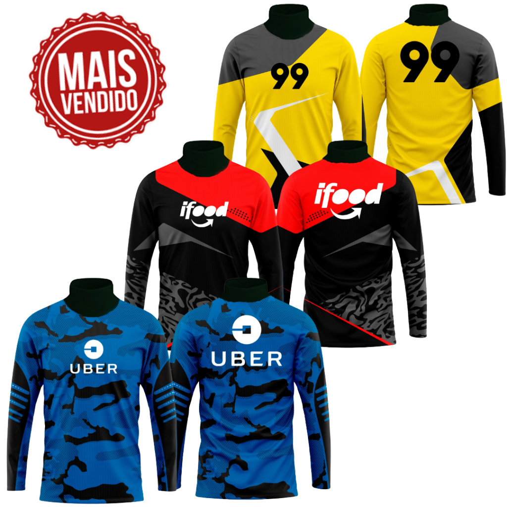 Camisa Moto Uber 99 Pop Ifood Manga Longa Sublimad