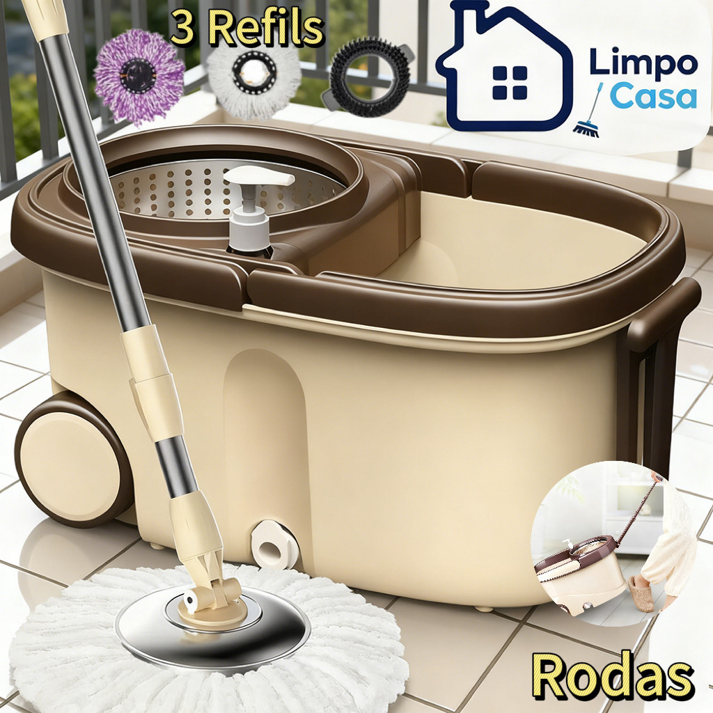Mop mágico 360° com balde de aço inoxidável e 
