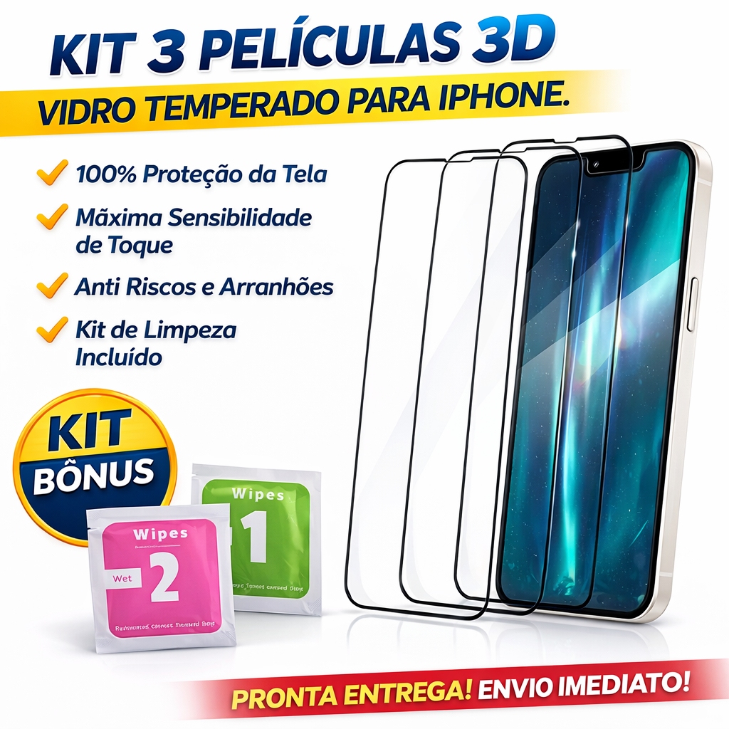 Kit 3 Película de Vidro Temperado 3D pra iPhone 1
