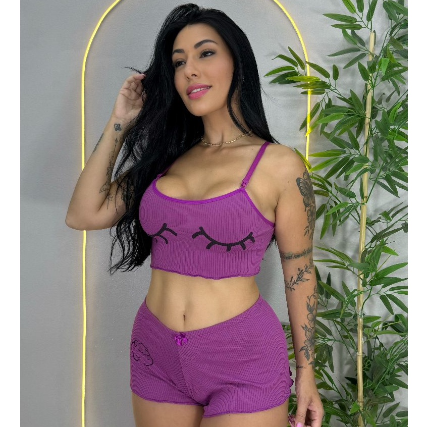 Baby doll Conjunto Canelado Liso Pijaminha Roupa d