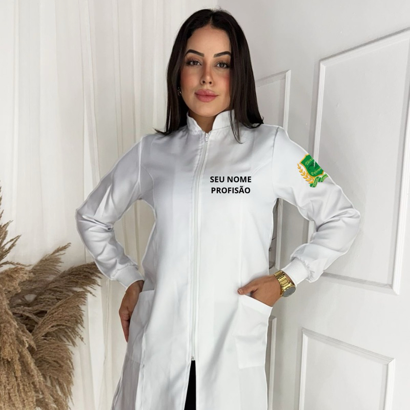 Jaleco bordado feminino formatura nome e brasão e