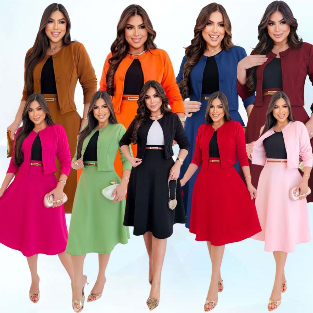CONJUNTO 4 PEÇAS: BLAZER 6 BOTÕES, SAIA, CAMISET