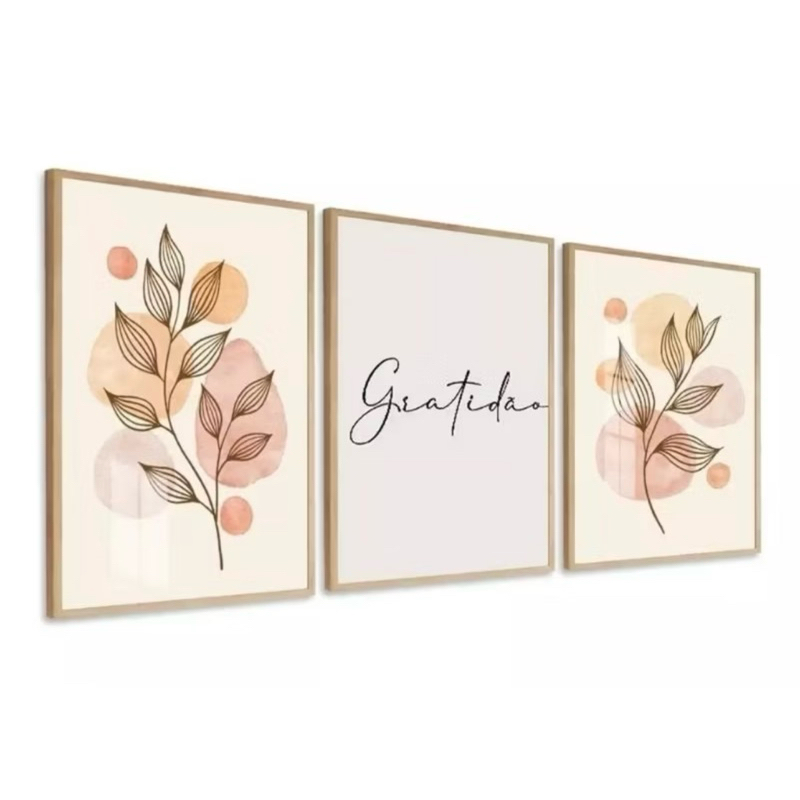 Quadro Decorativos 3 peças Folhas Delicadas Grati