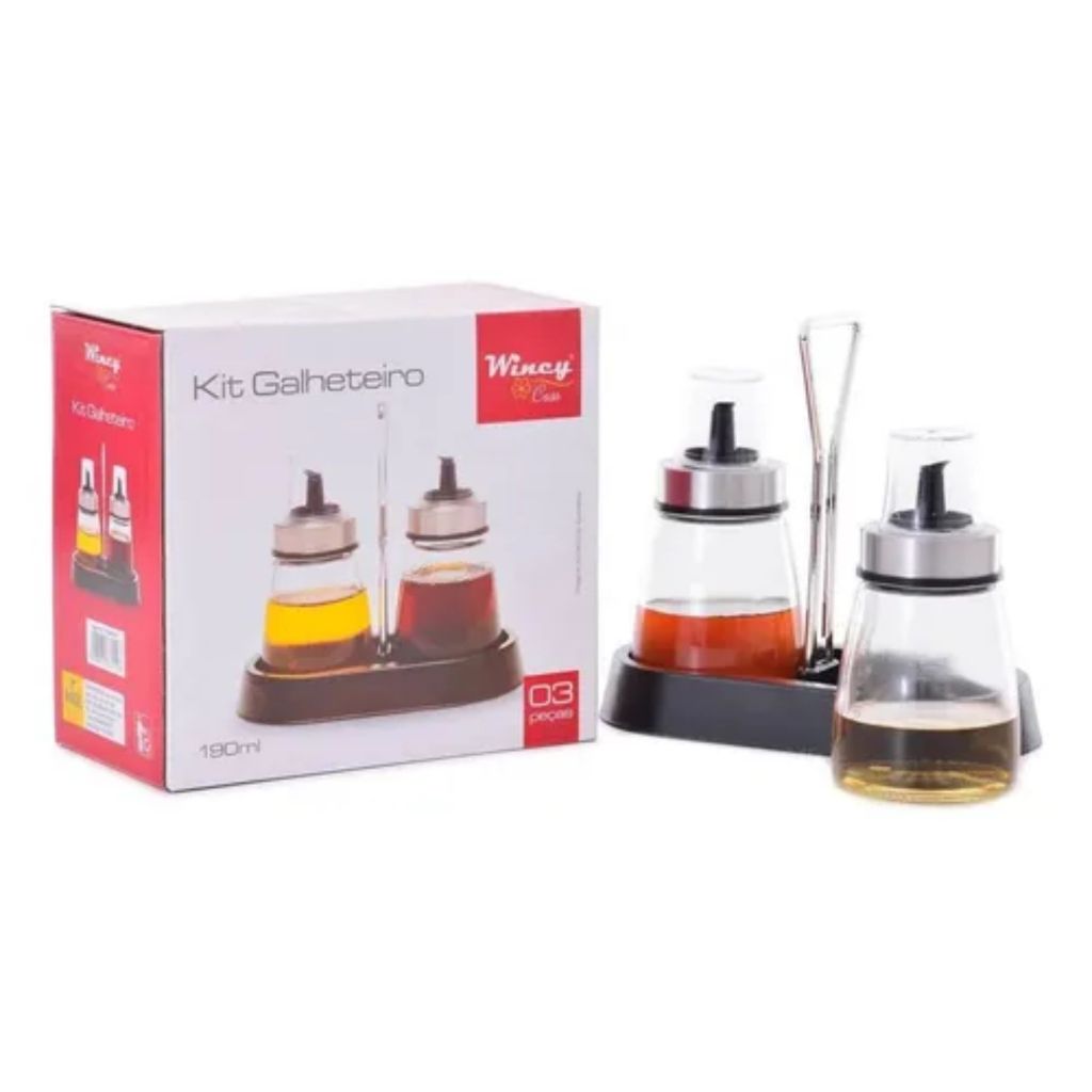 Galheteiro Vidro Vinagre Azeite 190ml Suporte 3 Pe