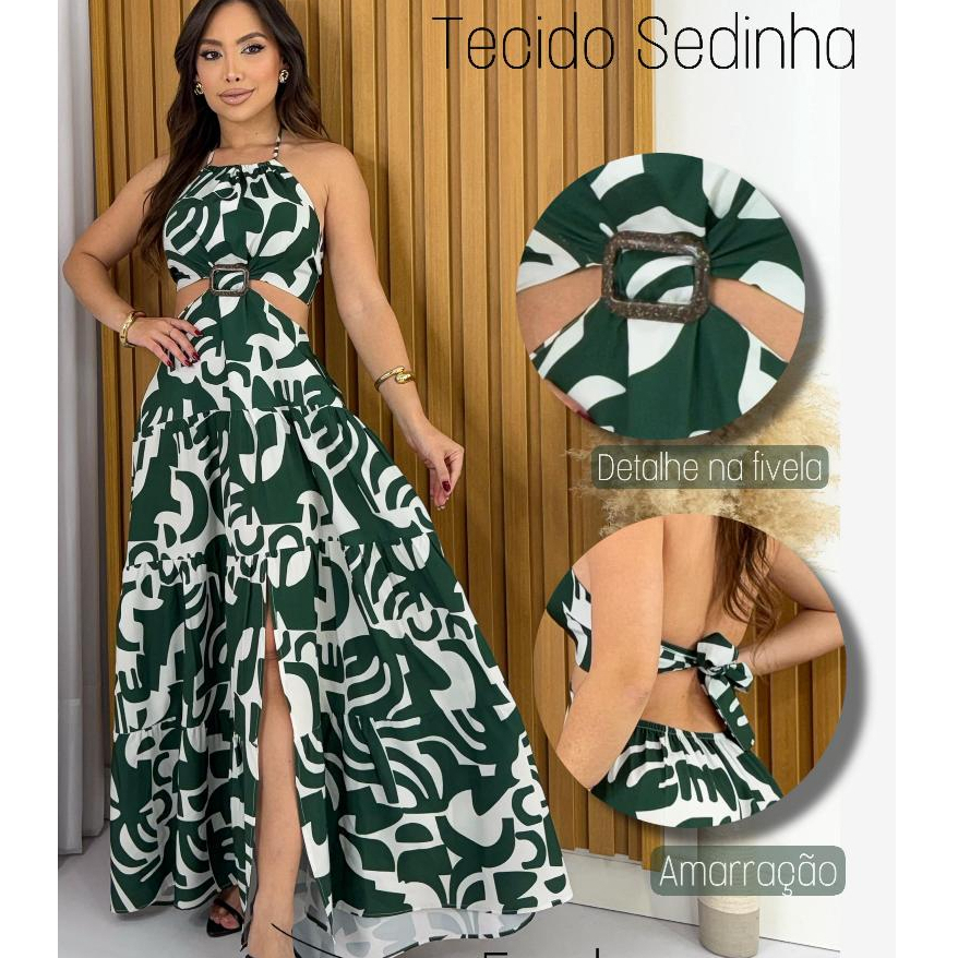 Vestido Longo Feminino Estampado Com Fenda Amarra