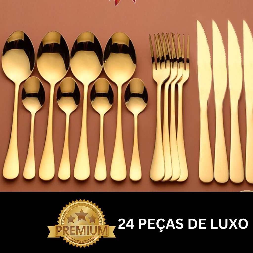 Talheres de Aço Inox 24 Peças  Dourada Garfo e C