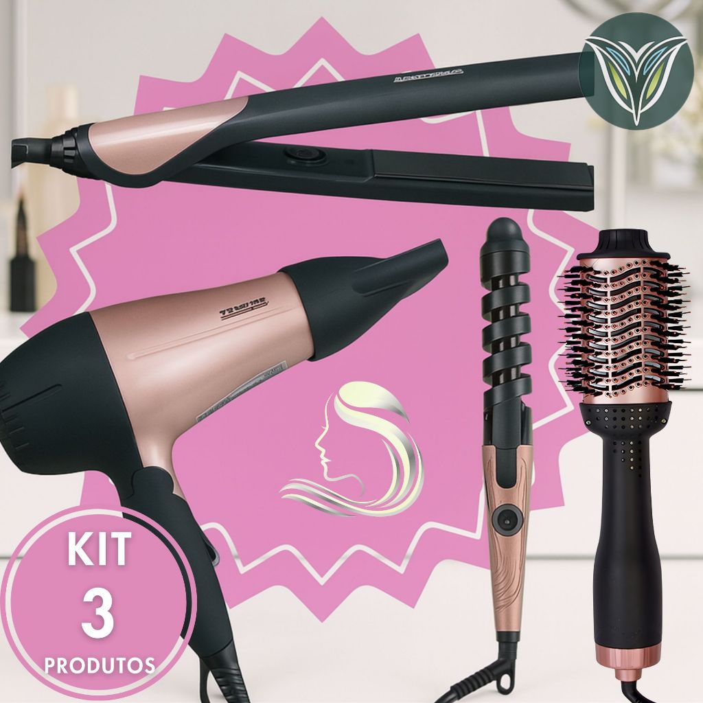 KIT 3 Escova Secadora + Secador de Cabelo Portáti