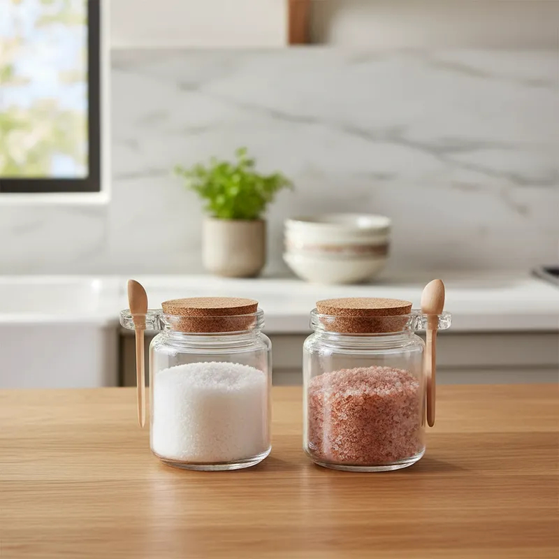 kit 2 Porta Tempero de Vidro Boross Colher Bambu T