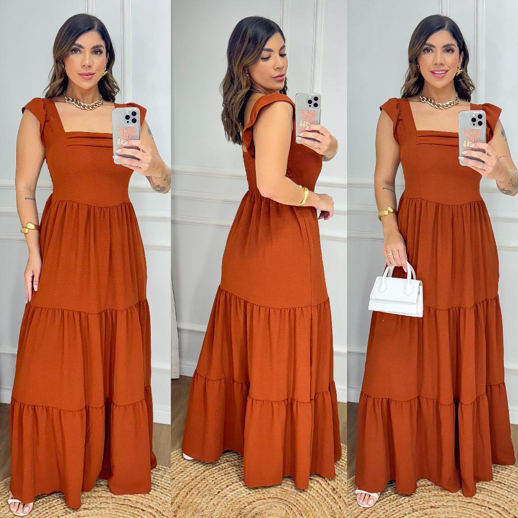 Vestido Longo Feminino Liso Com Alcinha Babado e C