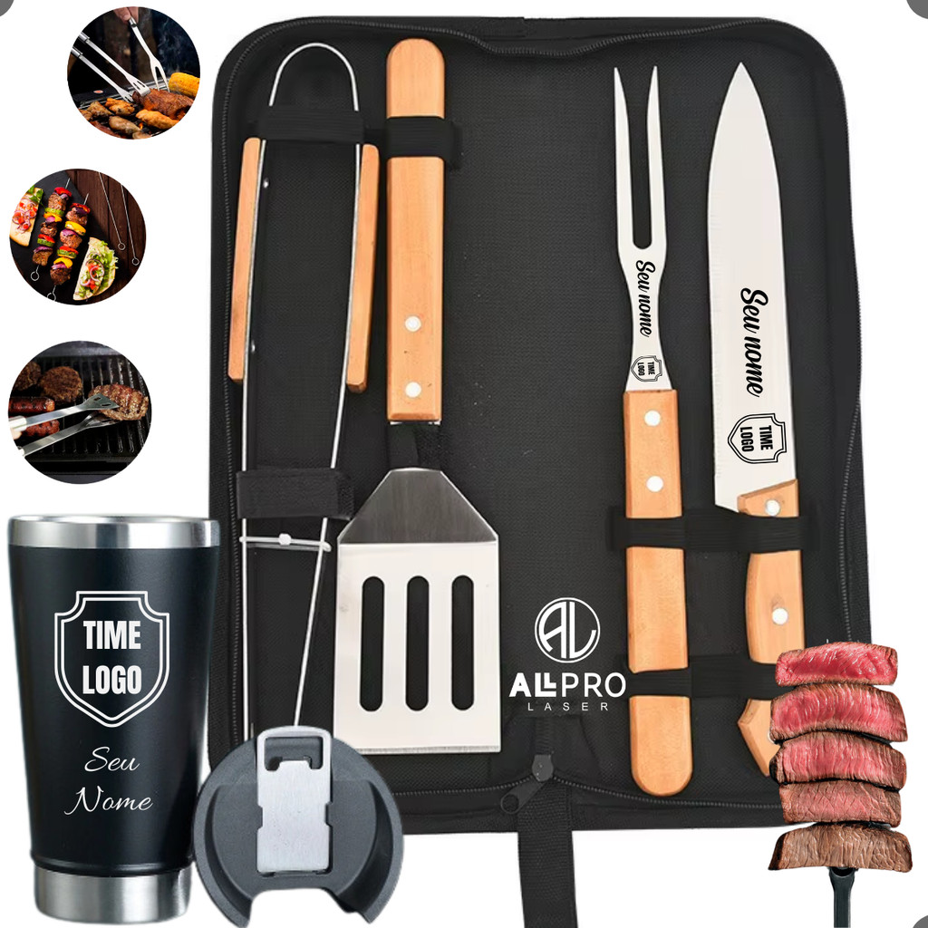 Kit Churrasco Bambu / Inox 4 Peças + Copo Térmic