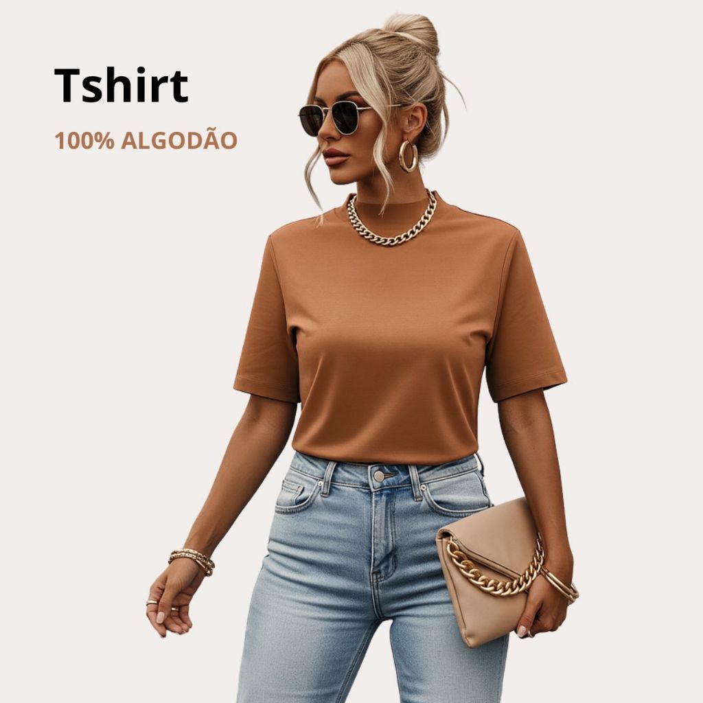 Camiseta Feminina Oversized Gola Alta 100% Algodã