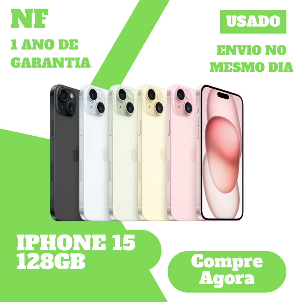 Usado: iPhone 15 128GB / 256GB – 1 Ano de Ga
