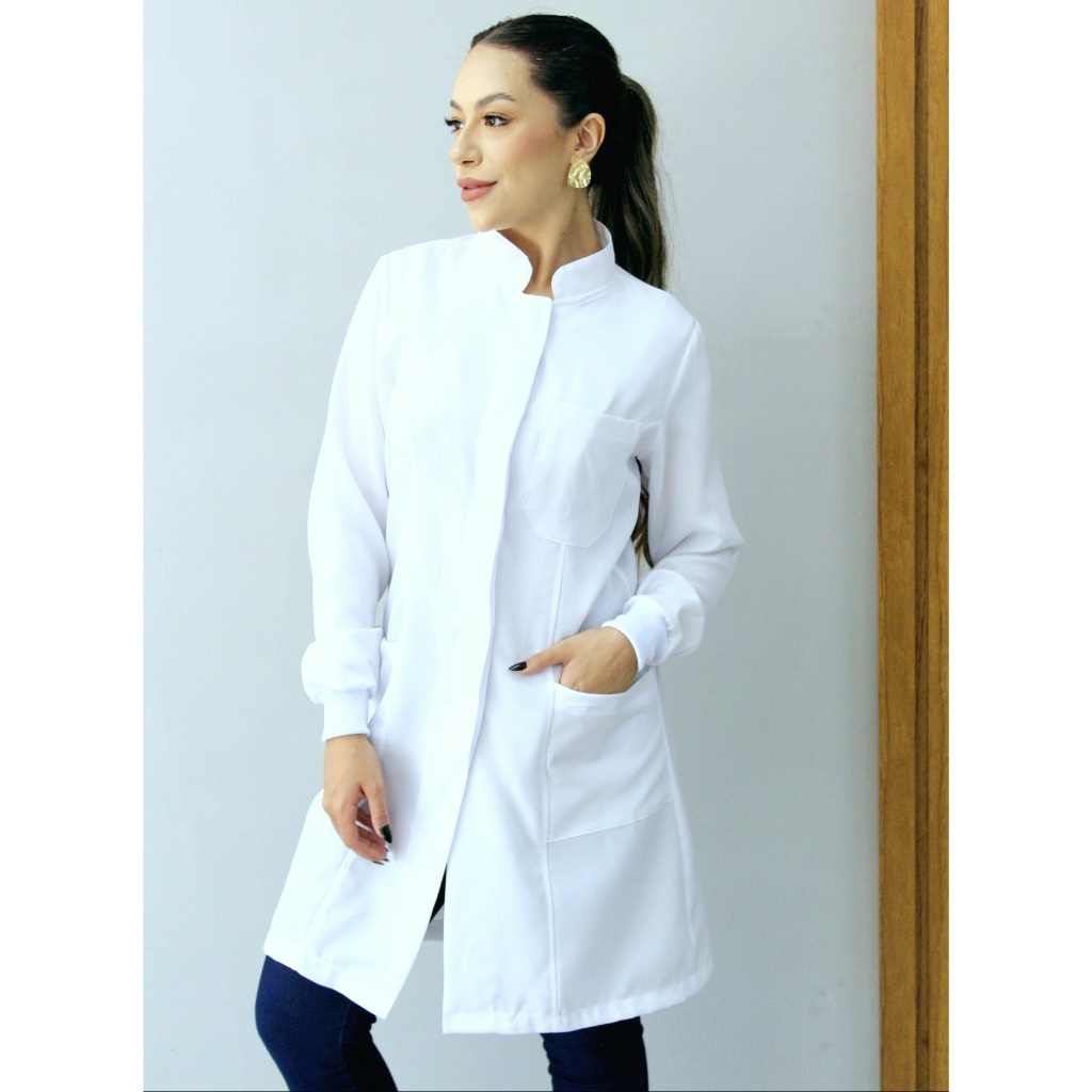 Jaleco Feminino Oxford Branco, Botão Embutido, Go