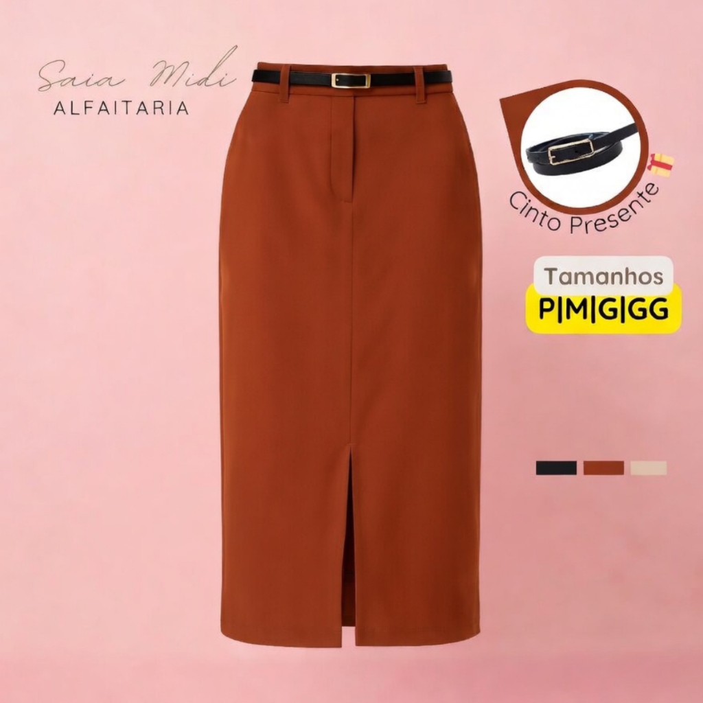 Saia Midi Evangélica com Cinto Fino Alfaitaria Bo
