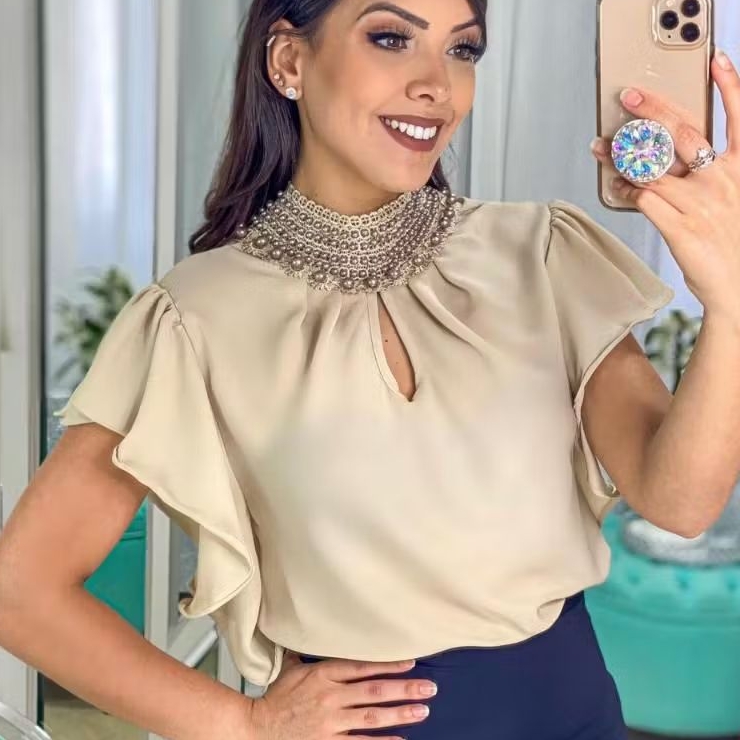 05MEL Blusa social feminina bordada na gola com p�