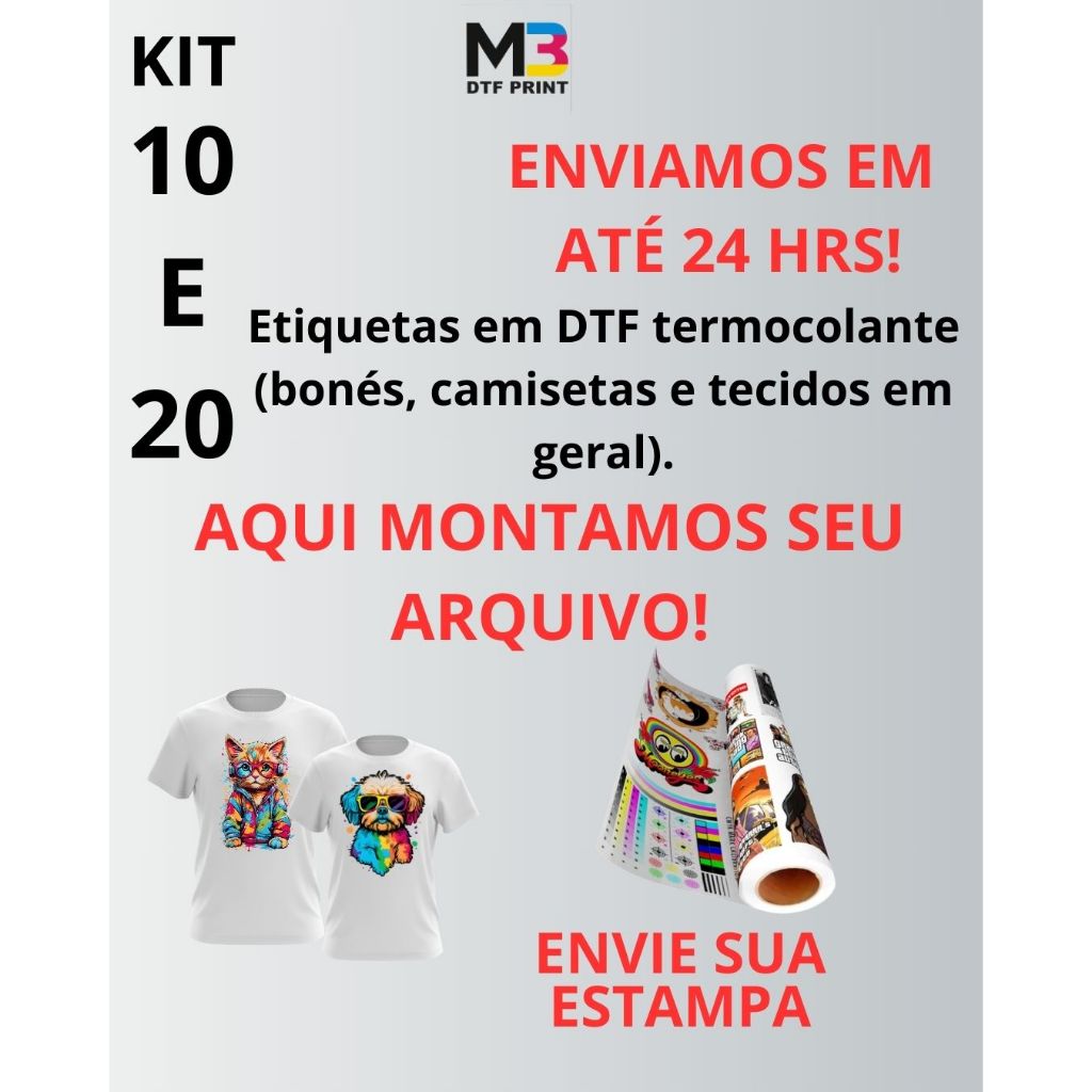 kit 10 ou 20 estampas DTF textil facil aplicar em 