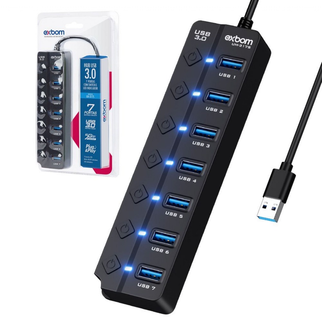 Hub de Expansão USB 3.0 7 em 1 com Interruptores 