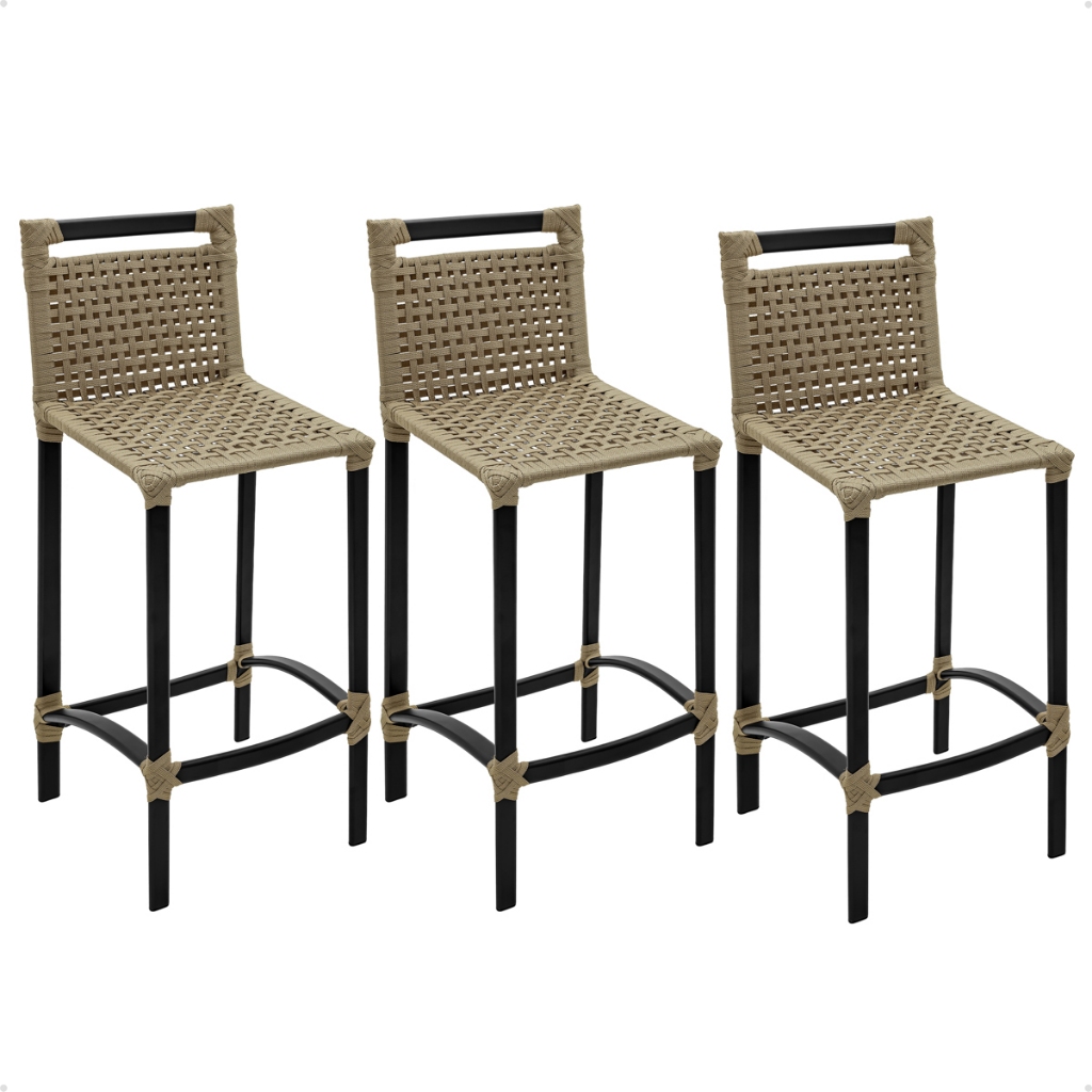 Kit 3 Banquetas Asteca Alumínio E Corda Náutica 