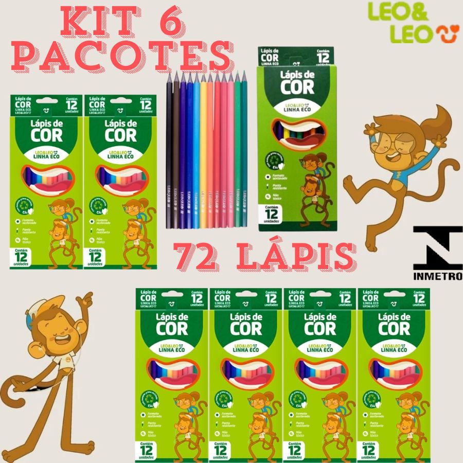 Kit 6 Pacotes 72 Lápis 17,5cm De Colorir LeoELeo 