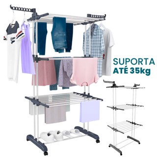 Varal de Chão Grande Portátil 3 Andares com Rodi