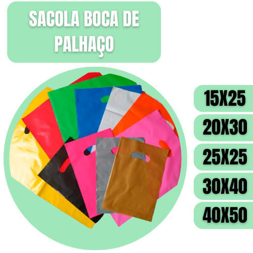 50 Sacolas Plásticas Boca de Palhaço Alça Vazad