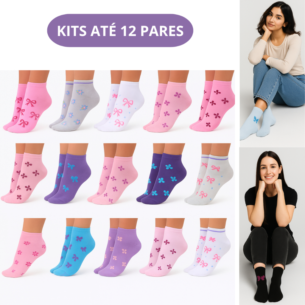 Kit  Pares de Meias Soquete Feminina Adulto Estamp
