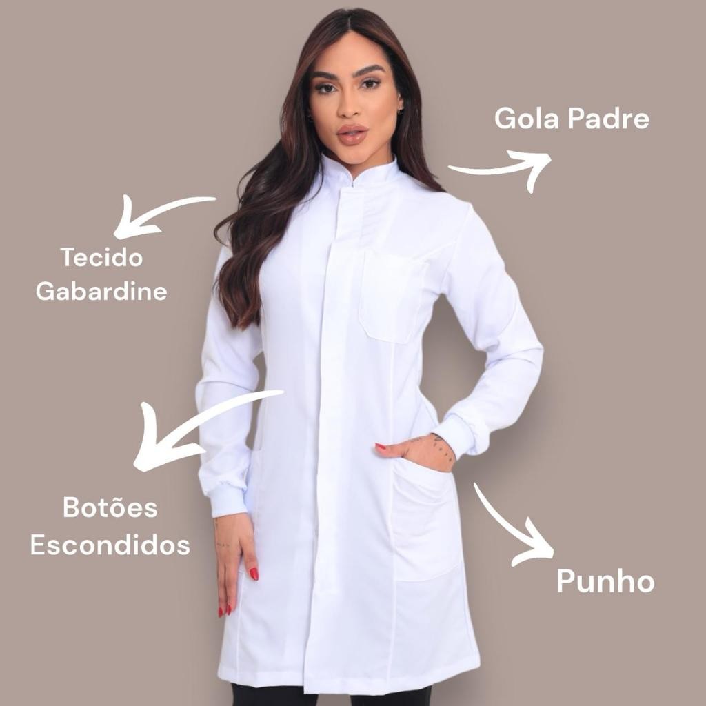 jaleco feminino Gabardine manga longa branco médi