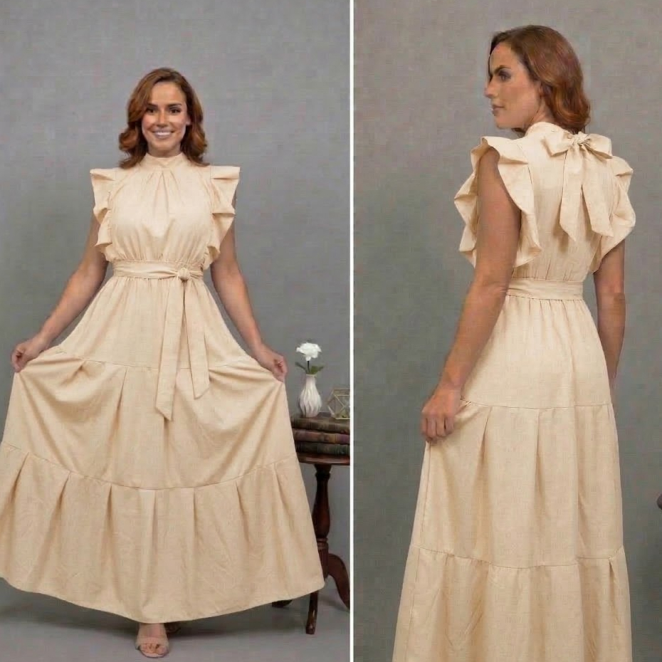 Vestido Feminino Longo Manguinha De Babado Gola Al