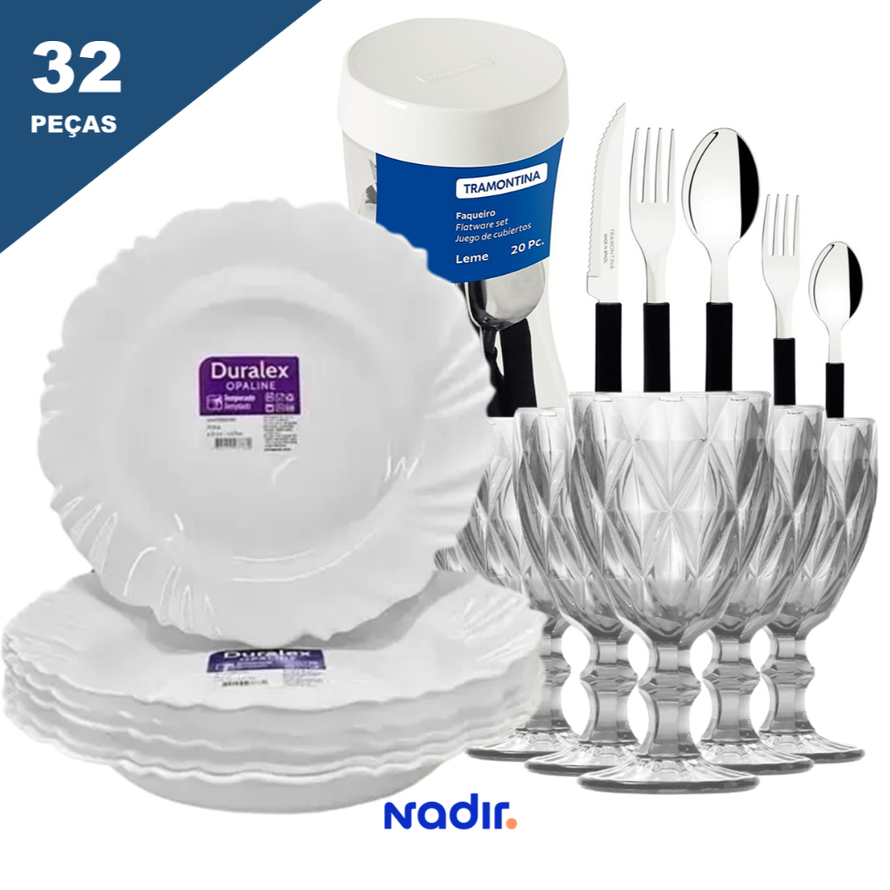 Aparelho de Jantar Jogo de Pratos e Taças de Vidr
