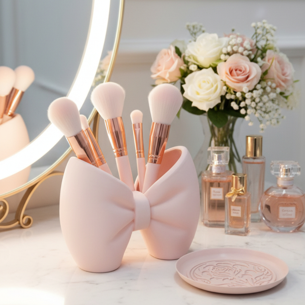 Laço porta pinceis de maquiagem + Bandeja rosa li