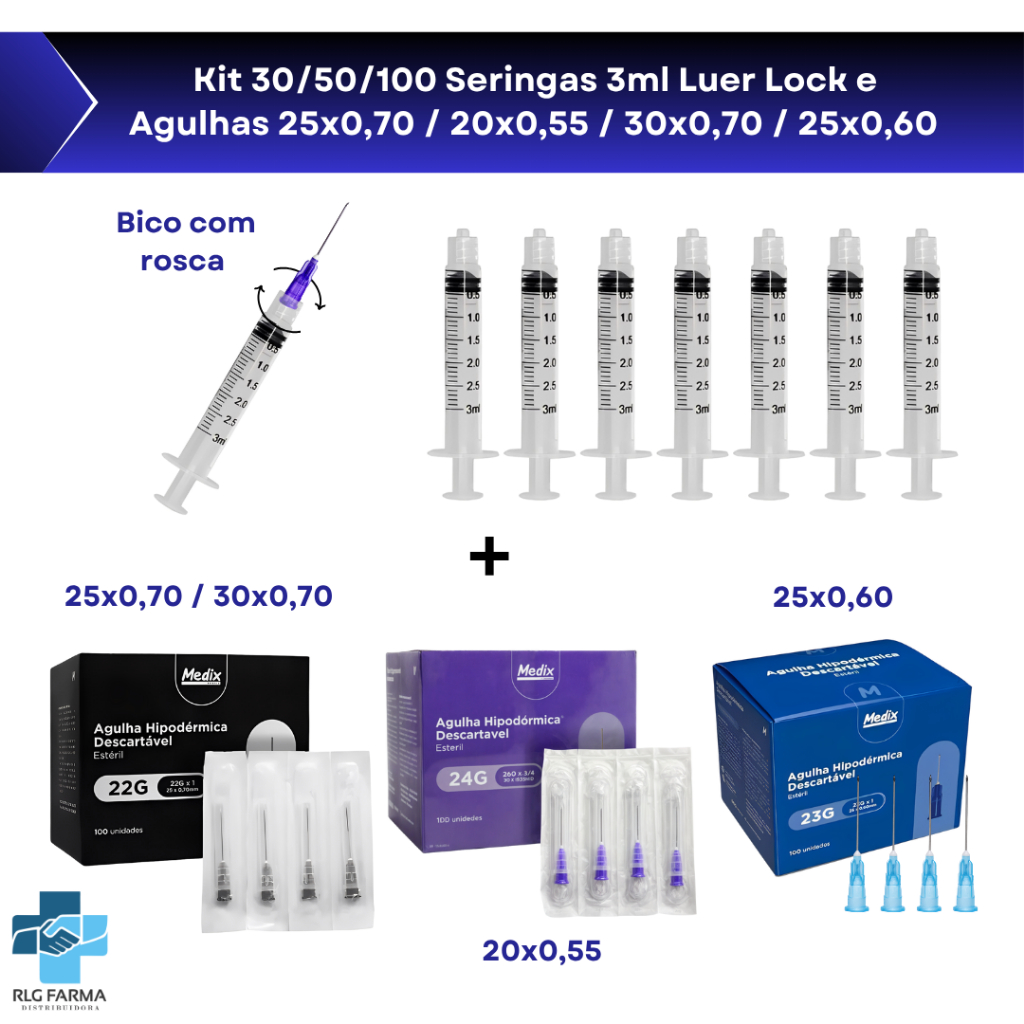 Kit com 30/50/100 Unidades de Seringa de 3ml Luer 