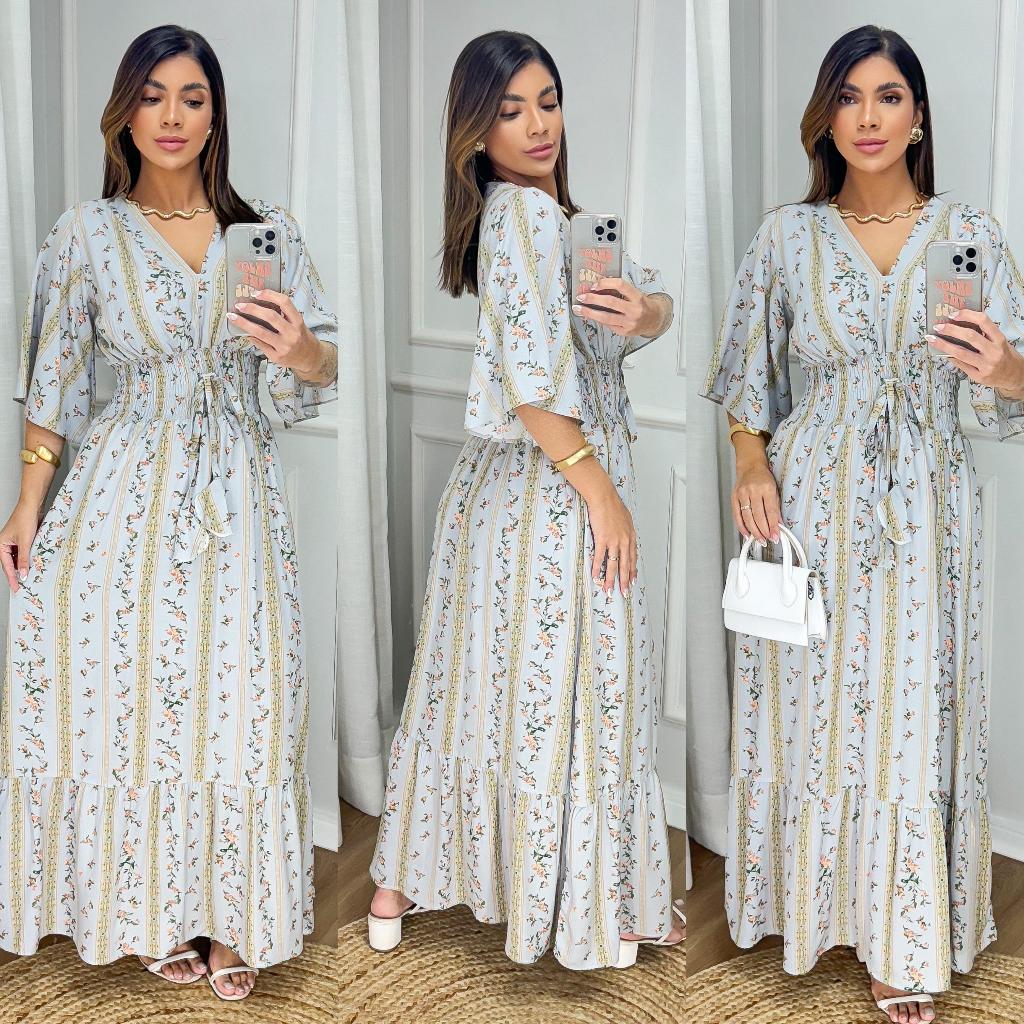 Vestido Longo Feminino Estampado Floral Manga Flar