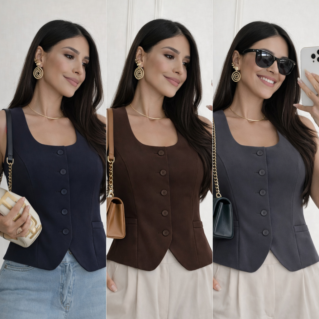 Colete Feminino Alfaiataria Alça Larga Gola Quadr