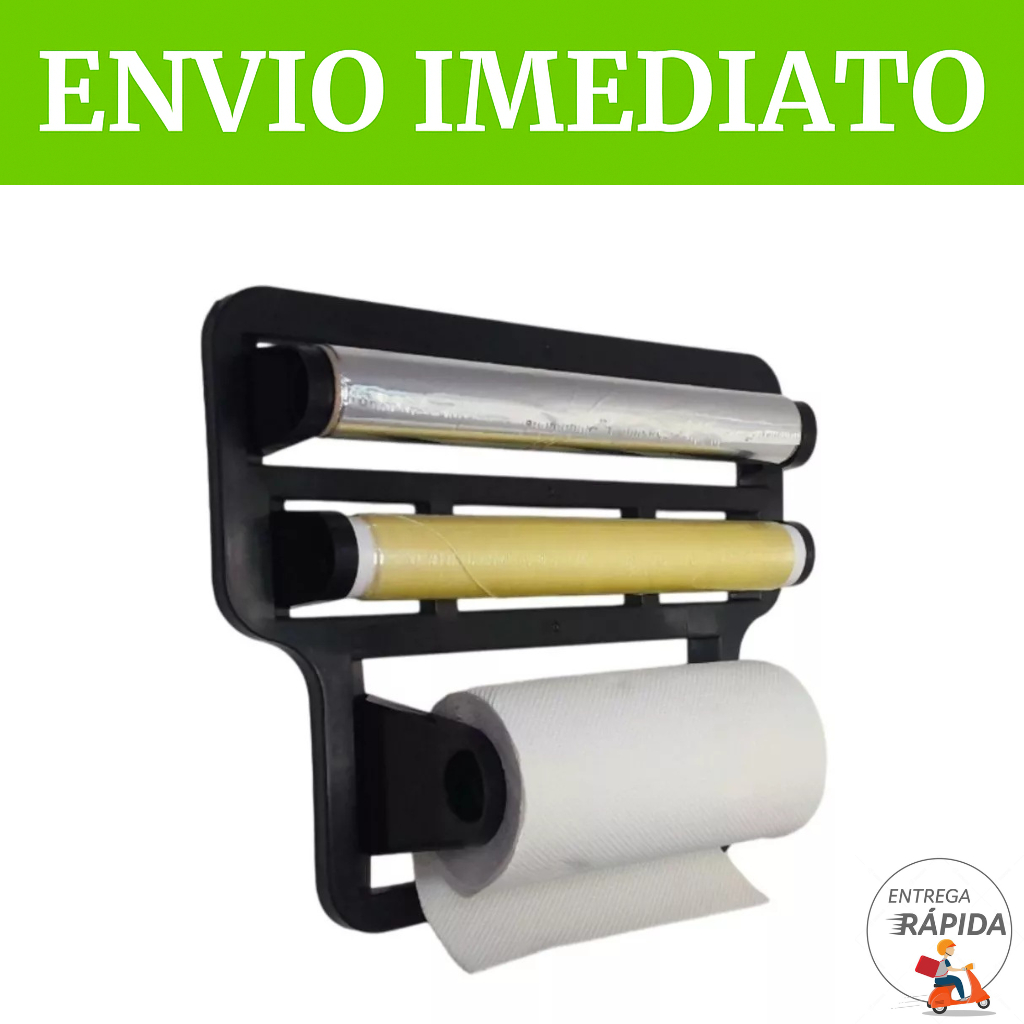 PORTA PAPEL TOALHA TRIPLO SUPORTE PRETO PARA COZIN