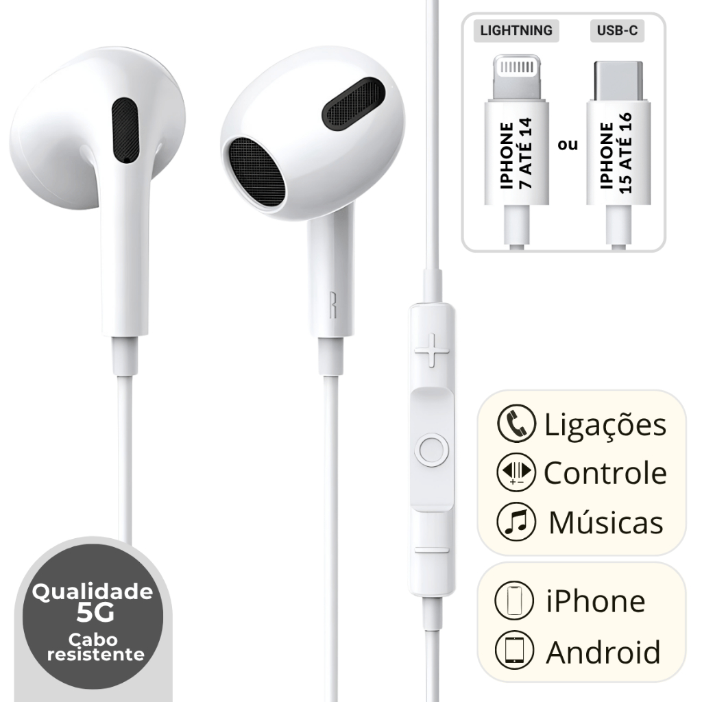 Fone De Ouvido Lightning e Tipo C Com Fio Com Micr