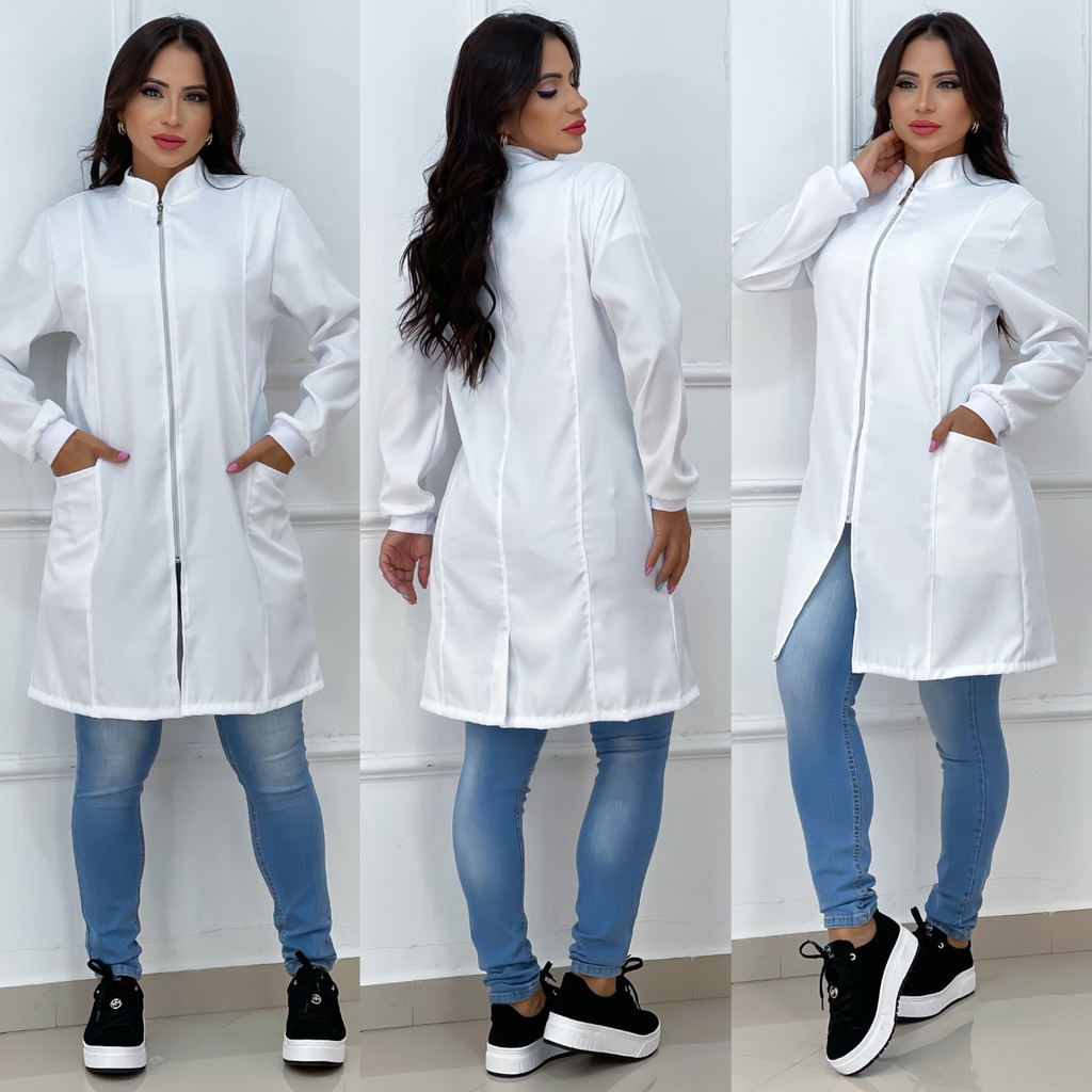 Jaleco Zíper Feminino Com Punho Manga Longa Bolso