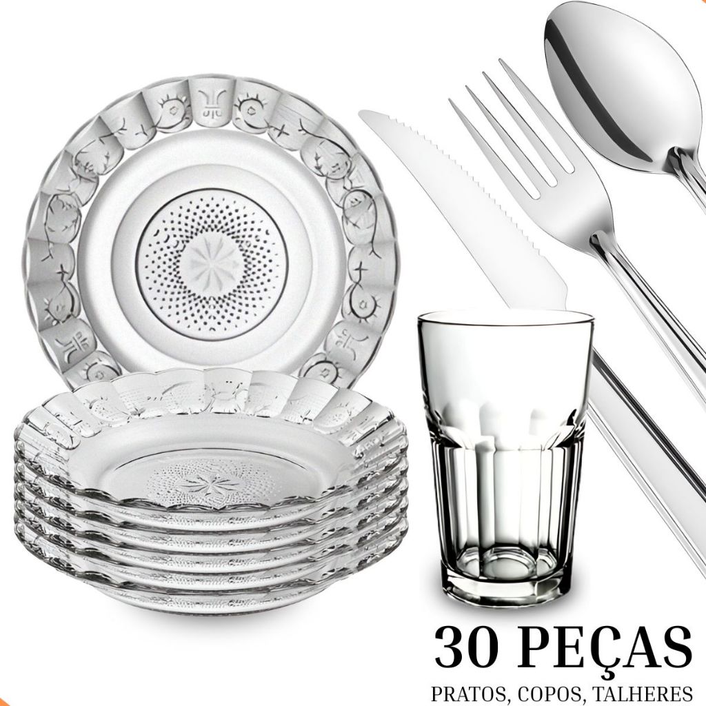 Jogo De Pratos Fundos E Copos C/30 Peças Aparelho